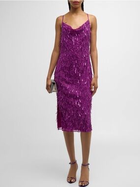 Liv foster party cocktail Fuchsia Sequin Fringe Slip Midi Dress